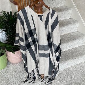 Banana Republic Cashmere Wool Blend Plaid Poncho with Fringe